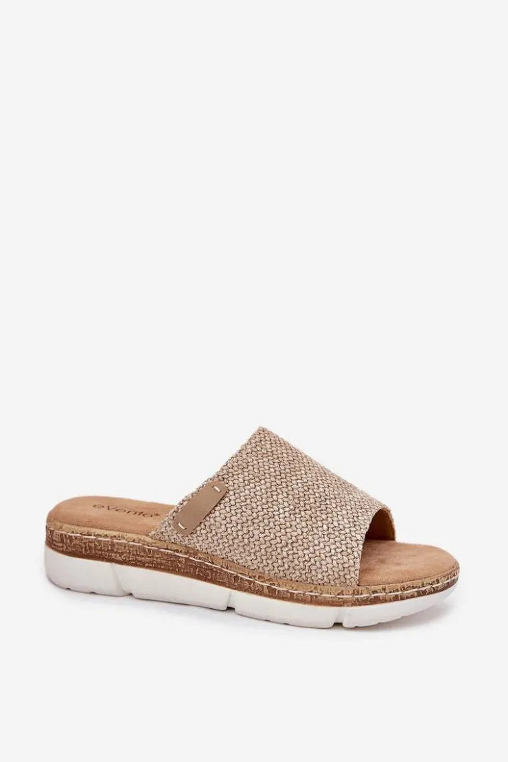 New Boto Klapki Damskie Z Plecionką Na Koturnie Beżowe Norozi