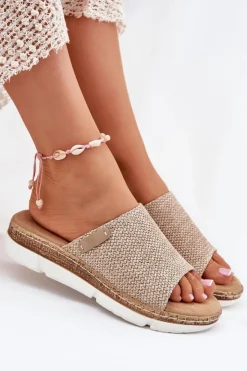 New Boto Klapki Damskie Z Plecionką Na Koturnie Beżowe Norozi