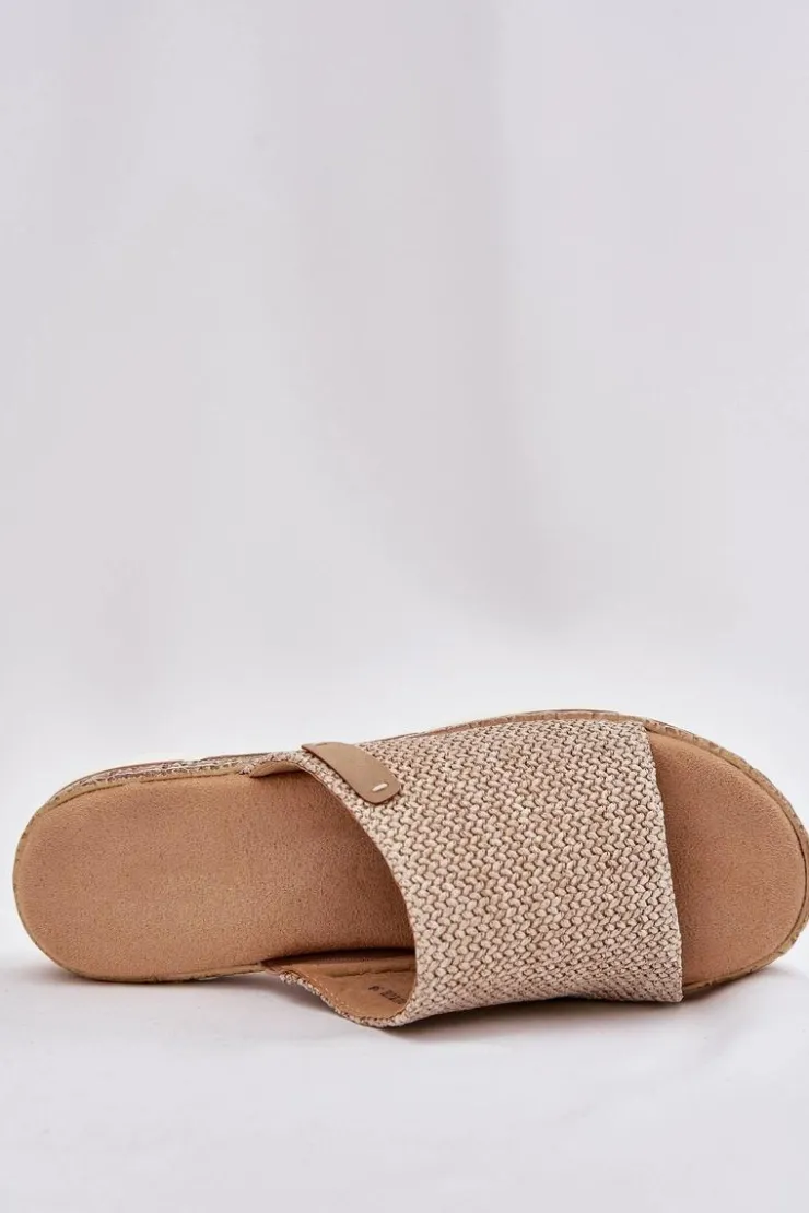 New Boto Klapki Damskie Z Plecionką Na Koturnie Beżowe Norozi