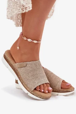 New Boto Klapki Damskie Z Plecionką Na Koturnie Beżowe Norozi