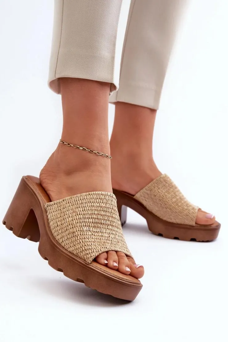 Evento Klapki Na Obcasie|Klapki Damskie Klasyczne*Klapki Damskie z Plecionką Na Obcasie Beżowe Titantha