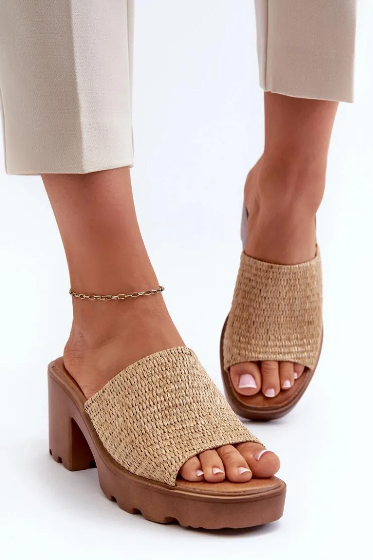 Evento Klapki Na Obcasie|Klapki Damskie Klasyczne*Klapki Damskie z Plecionką Na Obcasie Beżowe Titantha