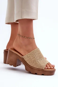 Evento Klapki Na Obcasie|Klapki Damskie Klasyczne*Klapki Damskie z Plecionką Na Obcasie Beżowe Titantha