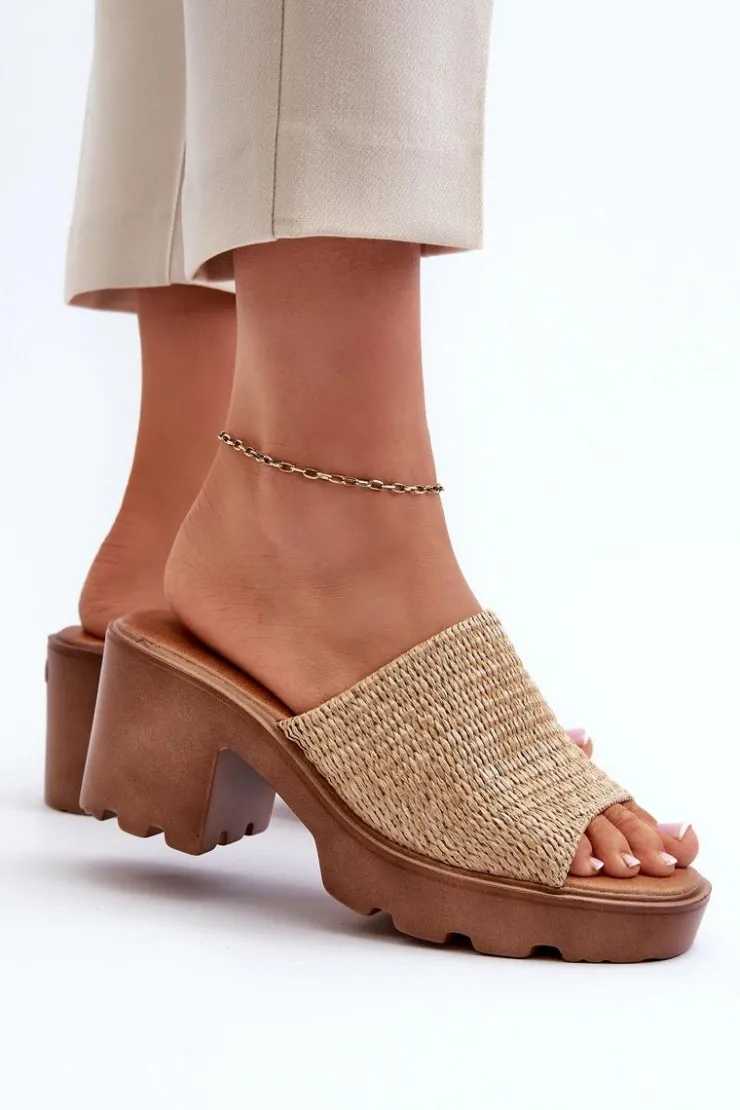 Evento Klapki Na Obcasie|Klapki Damskie Klasyczne*Klapki Damskie z Plecionką Na Obcasie Beżowe Titantha