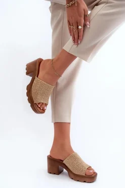 Evento Klapki Na Obcasie|Klapki Damskie Klasyczne*Klapki Damskie z Plecionką Na Obcasie Beżowe Titantha