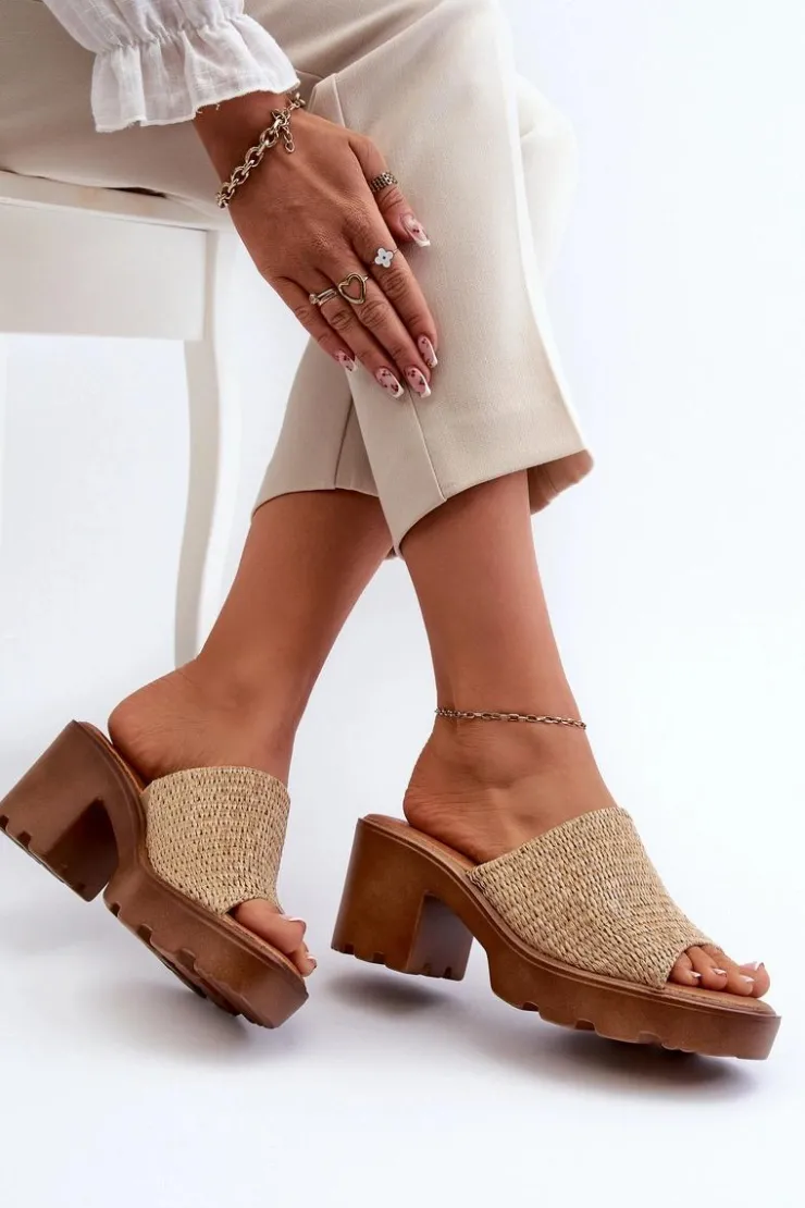 Evento Klapki Na Obcasie|Klapki Damskie Klasyczne*Klapki Damskie z Plecionką Na Obcasie Beżowe Titantha