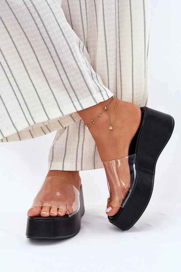 New Boto Klapki Damskie Z Transparentnym Paskiem Na Koturnie Czarne Meltiana Czarny