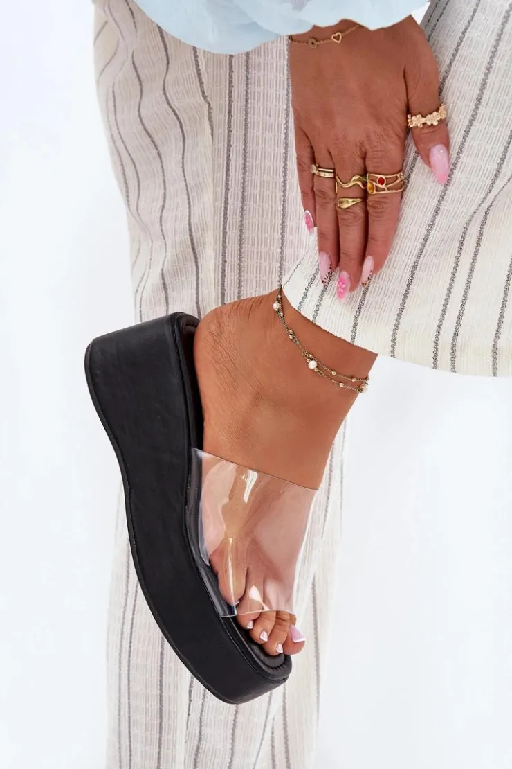 New Boto Klapki Damskie Z Transparentnym Paskiem Na Koturnie Czarne Meltiana Czarny