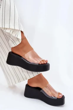 New Boto Klapki Damskie Z Transparentnym Paskiem Na Koturnie Czarne Meltiana Czarny