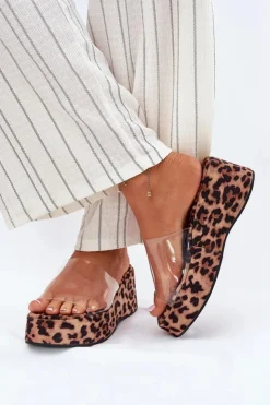 Boto Klapki Na Koturnie|Klapki Na Platformie*Klapki Damskie Z Transparentnym Paskiem Na Koturnie Panterka Meltiana Brązowy