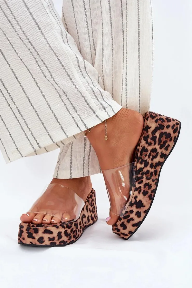 Boto Klapki Na Koturnie|Klapki Na Platformie*Klapki Damskie Z Transparentnym Paskiem Na Koturnie Panterka Meltiana Brązowy