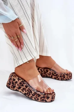 Boto Klapki Na Koturnie|Klapki Na Platformie*Klapki Damskie Z Transparentnym Paskiem Na Koturnie Panterka Meltiana Brązowy