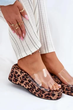 Boto Klapki Na Koturnie|Klapki Na Platformie*Klapki Damskie Z Transparentnym Paskiem Na Koturnie Panterka Meltiana Brązowy