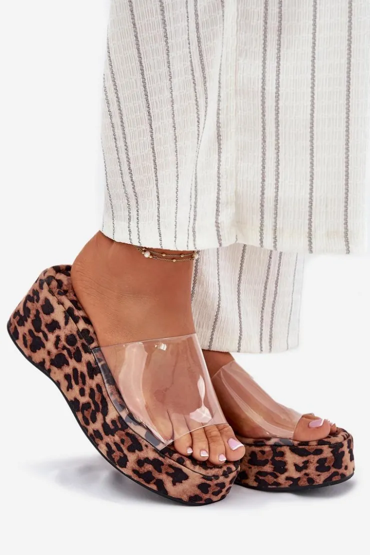 Boto Klapki Na Koturnie|Klapki Na Platformie*Klapki Damskie Z Transparentnym Paskiem Na Koturnie Panterka Meltiana Brązowy