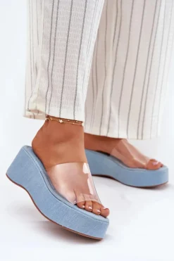 Damskie Boto Klapki Damskie Z Transparentnym Paskiem Na Koturnie Jeansowe Meltiana