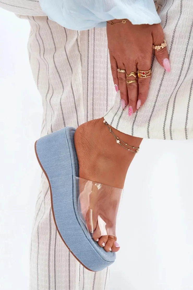 Damskie Boto Klapki Damskie Z Transparentnym Paskiem Na Koturnie Jeansowe Meltiana