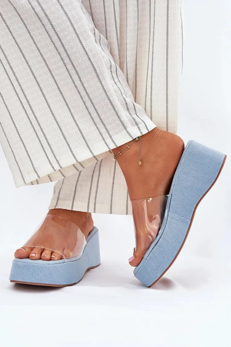 Damskie Boto Klapki Damskie Z Transparentnym Paskiem Na Koturnie Jeansowe Meltiana