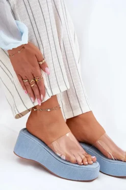 Damskie Boto Klapki Damskie Z Transparentnym Paskiem Na Koturnie Jeansowe Meltiana