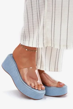 Damskie Boto Klapki Damskie Z Transparentnym Paskiem Na Koturnie Jeansowe Meltiana