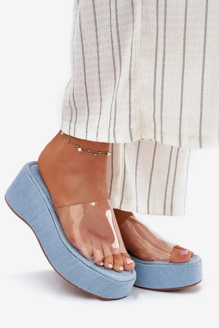 Damskie Boto Klapki Damskie Z Transparentnym Paskiem Na Koturnie Jeansowe Meltiana