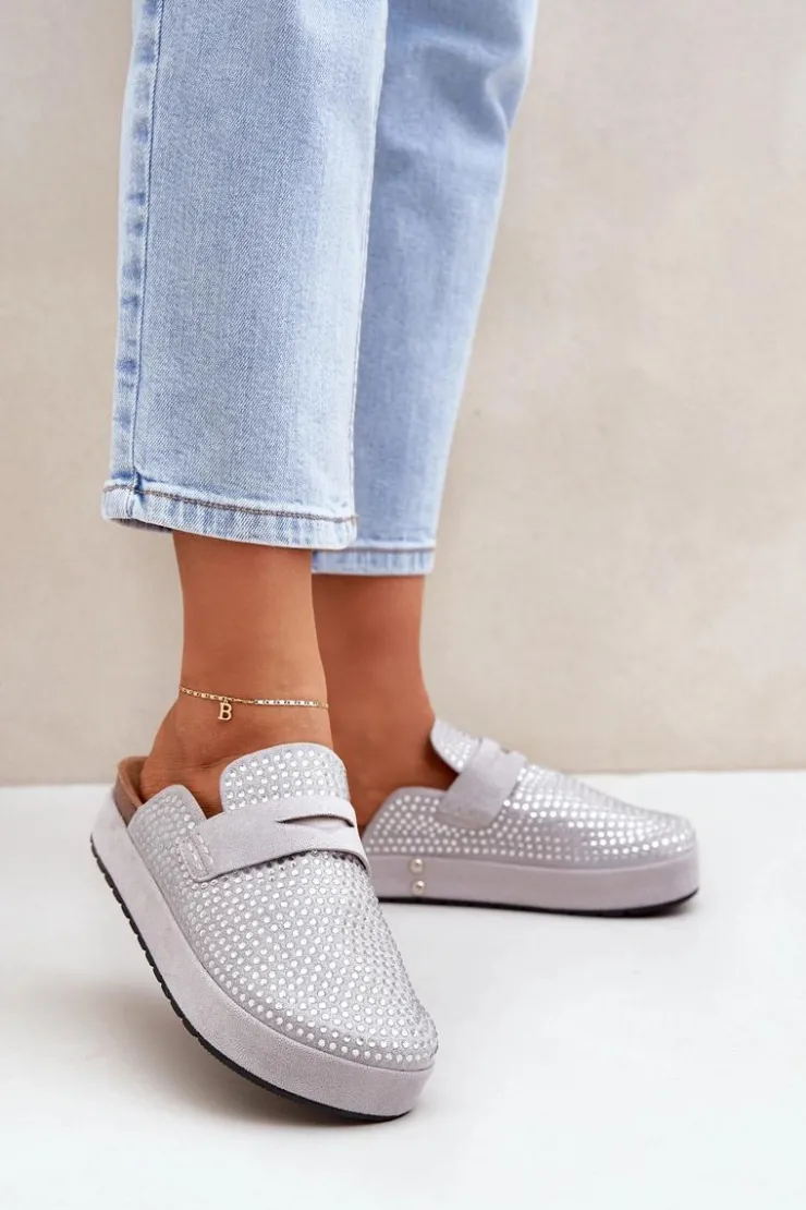 Damskie Boto Klapki Damskie Zdobione Cyrkoniami Na Platformie Szare Deorani