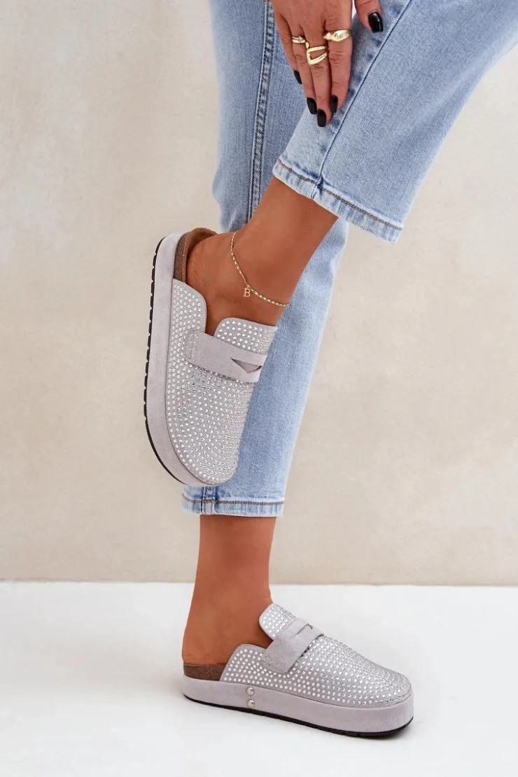 Damskie Boto Klapki Damskie Zdobione Cyrkoniami Na Platformie Szare Deorani