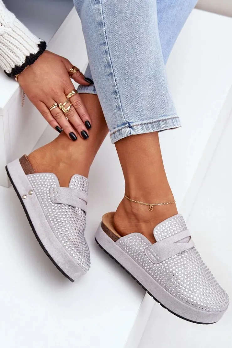 Damskie Boto Klapki Damskie Zdobione Cyrkoniami Na Platformie Szare Deorani