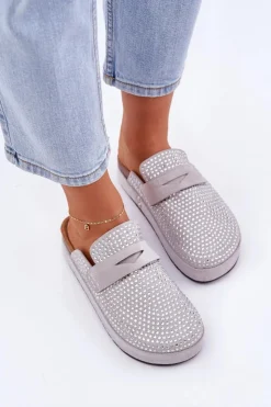 Damskie Boto Klapki Damskie Zdobione Cyrkoniami Na Platformie Szare Deorani