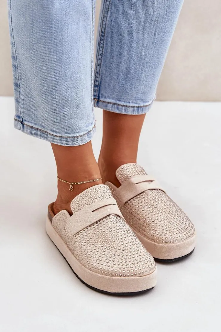 Hot Boto Klapki Damskie Zdobione Cyrkoniami Na Platformie Beżowe Deorani Beżowy