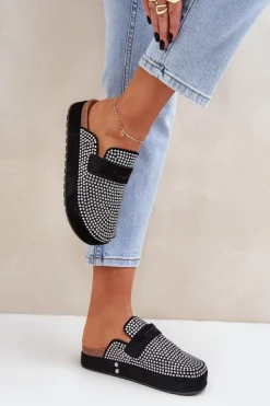 Boto Klapki Na Platformie|Klapki Damskie Klasyczne*Klapki Damskie Zdobione Cyrkoniami Na Platformie Czarne Deorani Czarny