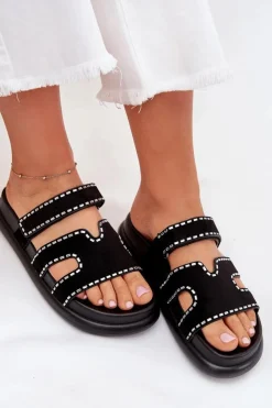 Outlet Boto Klapki Damskie Ze Zdobieniem Na Platformie Czarne Delyna Czarny