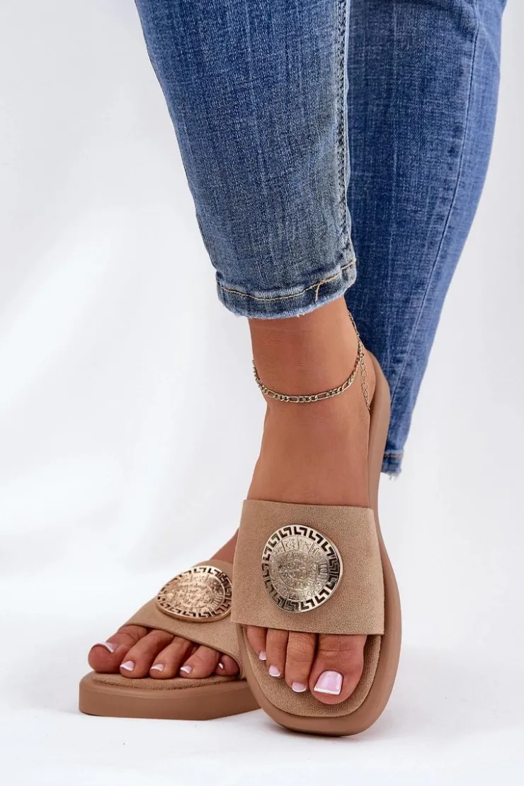 Damskie Boto Klapki Damskie Ze Złotą Ozdobą Beżowe Kaliora