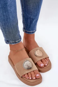 Damskie Boto Klapki Damskie Ze Złotą Ozdobą Beżowe Kaliora