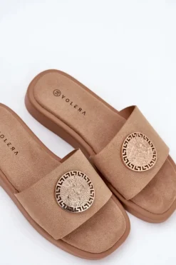 Damskie Boto Klapki Damskie Ze Złotą Ozdobą Beżowe Kaliora