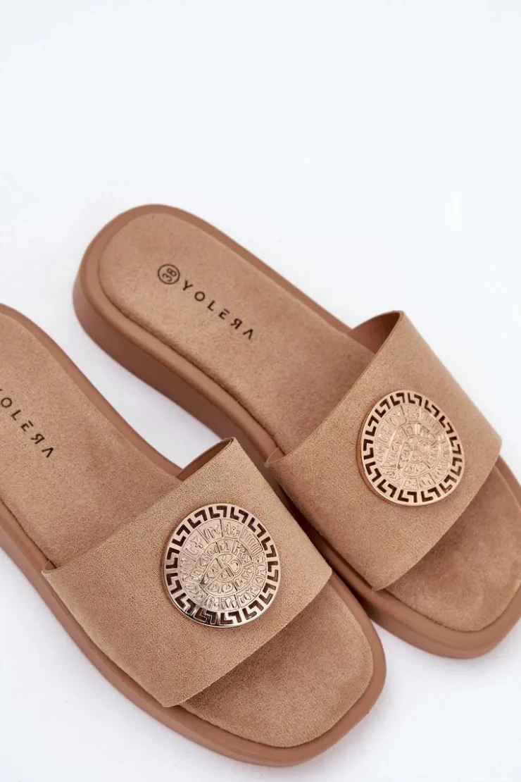 Damskie Boto Klapki Damskie Ze Złotą Ozdobą Beżowe Kaliora