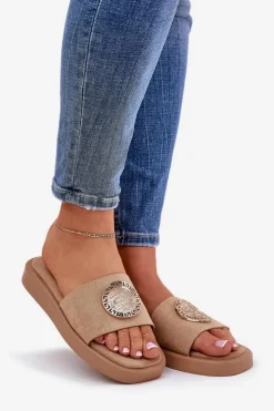 Damskie Boto Klapki Damskie Ze Złotą Ozdobą Beżowe Kaliora