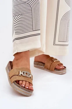 Boto Klapki Korkowe|Klapki Na Platformie*Klapki Damskie Ze Złotym Detalem Na Platformie Z Brokatem Camel Eanes Brązowy