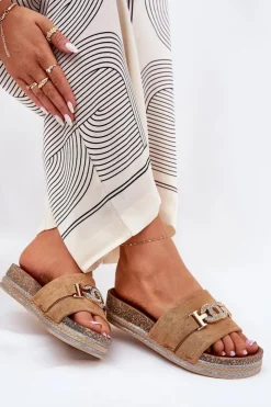 Boto Klapki Korkowe|Klapki Na Platformie*Klapki Damskie Ze Złotym Detalem Na Platformie Z Brokatem Camel Eanes Brązowy