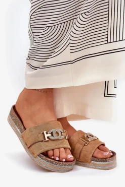 Boto Klapki Korkowe|Klapki Na Platformie*Klapki Damskie Ze Złotym Detalem Na Platformie Z Brokatem Camel Eanes Brązowy