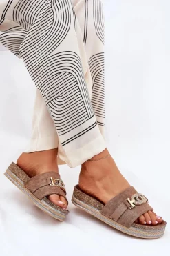 Best Boto Klapki Damskie Ze Złotym Detalem Na Platformie Z Brokatem Khaki Eanes