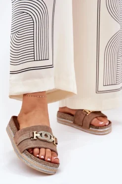 Best Boto Klapki Damskie Ze Złotym Detalem Na Platformie Z Brokatem Khaki Eanes