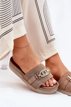 Best Boto Klapki Damskie Ze Złotym Detalem Na Platformie Z Brokatem Khaki Eanes