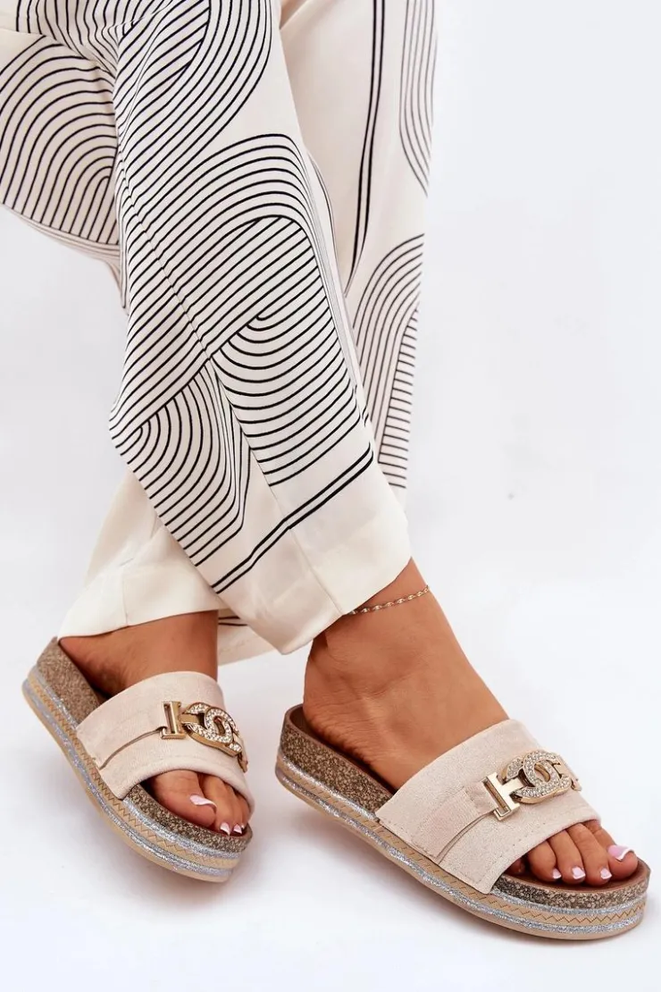 Boto Klapki Korkowe|Klapki Na Platformie*Klapki Damskie Ze Złotym Detalem Na Platformie Z Brokatem Beżowe Eanes