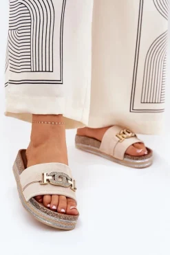 Boto Klapki Korkowe|Klapki Na Platformie*Klapki Damskie Ze Złotym Detalem Na Platformie Z Brokatem Beżowe Eanes