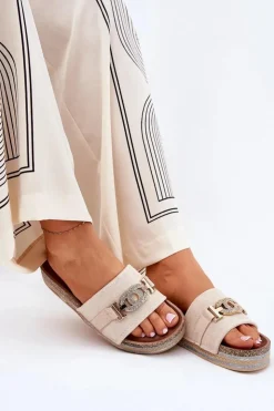 Boto Klapki Korkowe|Klapki Na Platformie*Klapki Damskie Ze Złotym Detalem Na Platformie Z Brokatem Beżowe Eanes