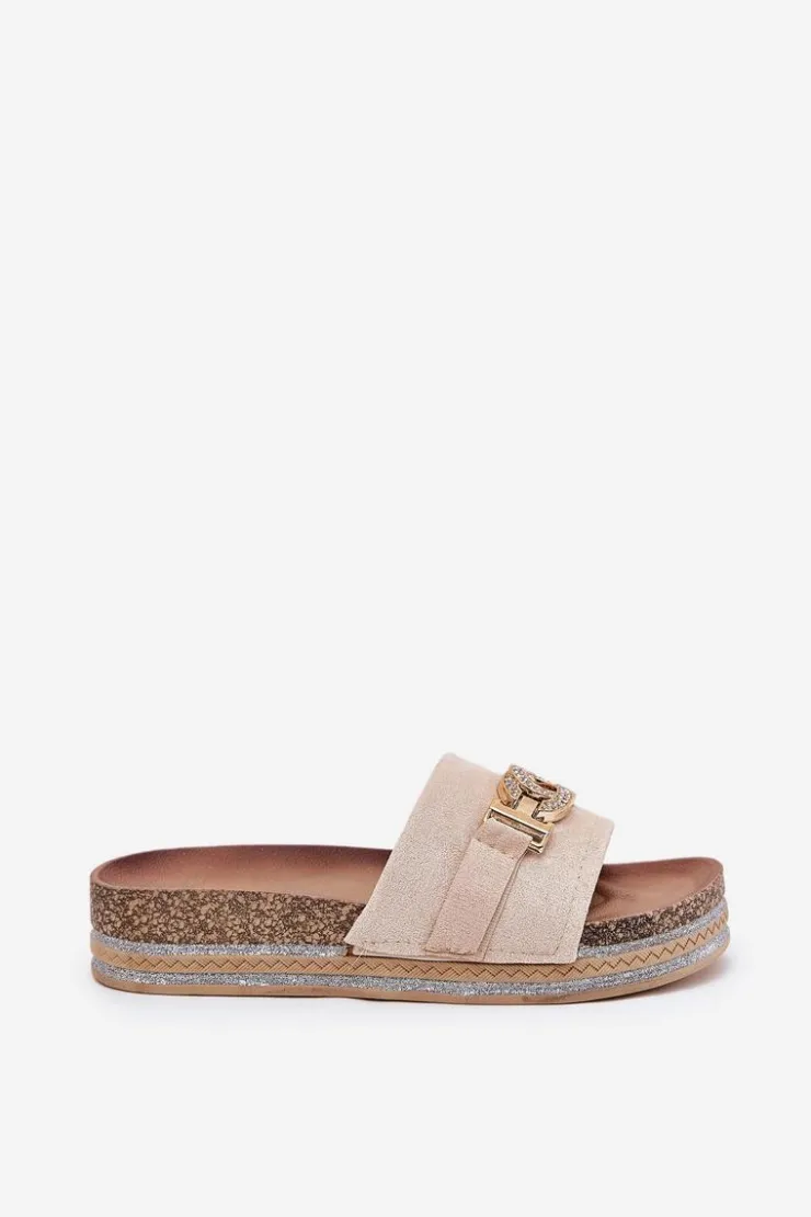 Boto Klapki Korkowe|Klapki Na Platformie*Klapki Damskie Ze Złotym Detalem Na Platformie Z Brokatem Beżowe Eanes