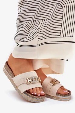 Boto Klapki Korkowe|Klapki Na Platformie*Klapki Damskie Ze Złotym Detalem Na Platformie Z Brokatem Beżowe Eanes