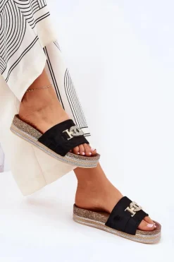 Damskie Boto Klapki Damskie Ze Złotym Detalem Na Platformie Z Brokatem Czarne Eanes