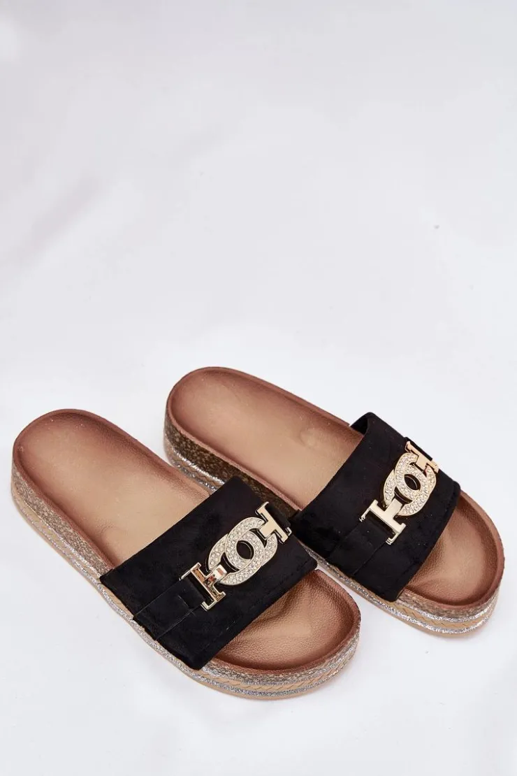 Damskie Boto Klapki Damskie Ze Złotym Detalem Na Platformie Z Brokatem Czarne Eanes