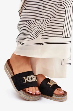 Damskie Boto Klapki Damskie Ze Złotym Detalem Na Platformie Z Brokatem Czarne Eanes